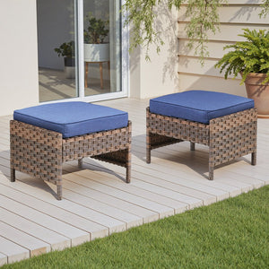 English Elm Outdoor Handwoven Pe Wicker Ottoman Set Rust Resistant Patio Footrests with Cushions Blue T3773P417377