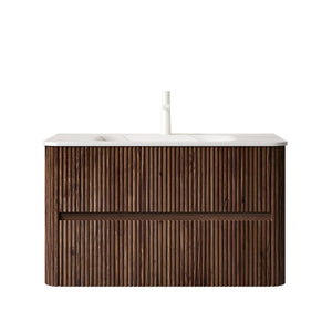 English Elm NOOR Floating 36" Bathroom Vanity with Seamless Hot-Press Sintered Stone Basin, Retro Walnut Finish W2615P345717