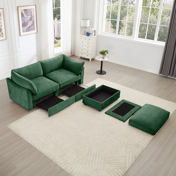 English Elm 2 Seater Sofa With Movable Ottoman & Hidden Storage Drawers – Modern Chenille Green Design For Small Spaces W3041S00183
