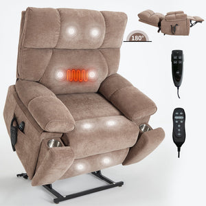 English Elm Beige Chenille Power Lift Recliner Dual Motor Massage Heat 350 Lb Capacity Brown W1803P264024