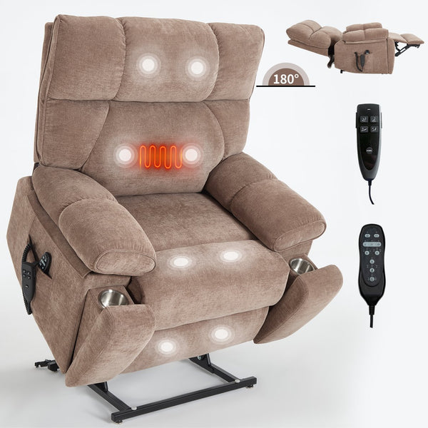 English Elm Beige Chenille Power Lift Recliner Dual Motor Massage Heat 350 Lb Capacity Brown W1803P264024