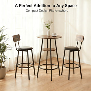 English Elm 3 Piece Bar Height Dining Set with Two Tier Storage and Pu Upholstered Stools Rustic W3204P428254