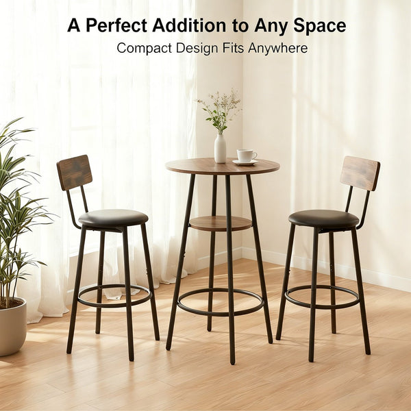 English Elm 3 Piece Bar Height Dining Set with Two Tier Storage and Pu Upholstered Stools Rustic W3204P428254
