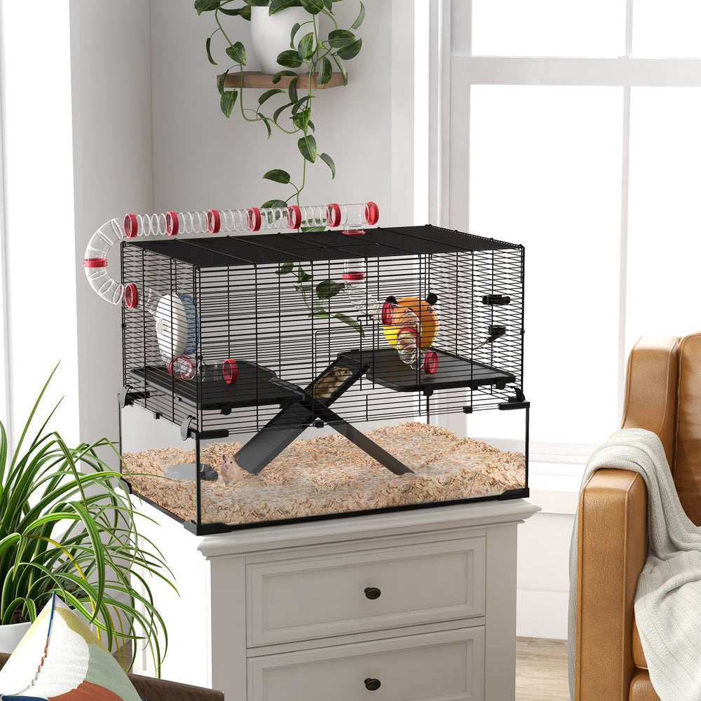 English Elm Pawhut Multi-level Small Animal Habitat with Glass Base Wire Enclosure and Accessories W2225P173816