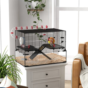 English Elm Pawhut Multi-level Small Animal Habitat with Glass Base Wire Enclosure and Accessories W2225P173816