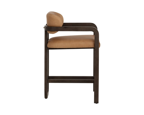Sunpan MADRONE Counter Stool - Modern Brown Oak Frame with Low-Back Ludlow Sesame Leather Comfort Seat 112681