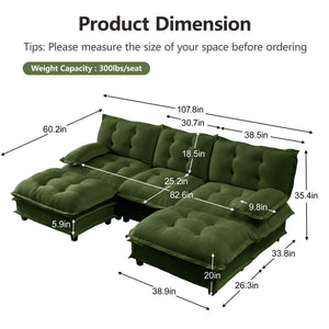 English Elm 107" U Shaped Chenille Sectional Cloud Sofa with Ottomans Deep Seat Modular Living Room Green W714S01730