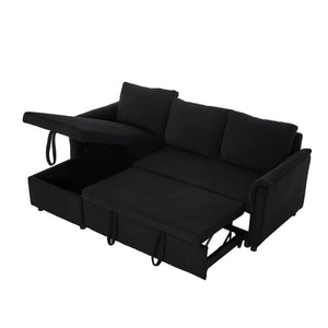 English Elm Loveseat Sectional Sleeper Sofa with Corduroy Tufted Upholstery Storage Chaise Reclining Black W2186S00011