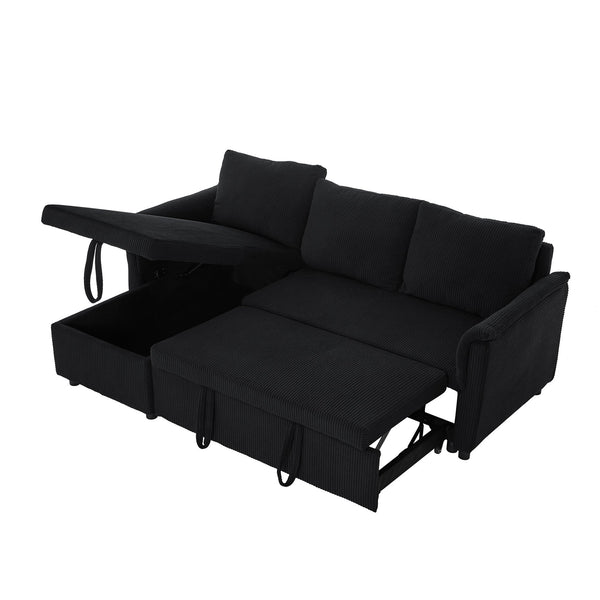 English Elm Loveseat Sectional Sleeper Sofa with Corduroy Tufted Upholstery Storage Chaise Reclining Black W2186S00011