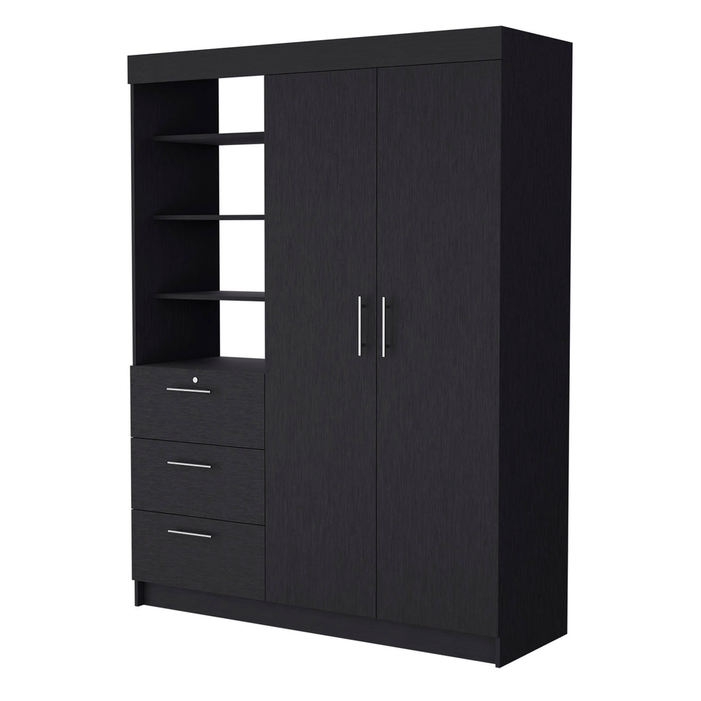 English Elm Tempe Black 3-Drawer Armoire with 3-Tier Display Shelves, 2-Door Closet Space & Metal Handles B128S00119