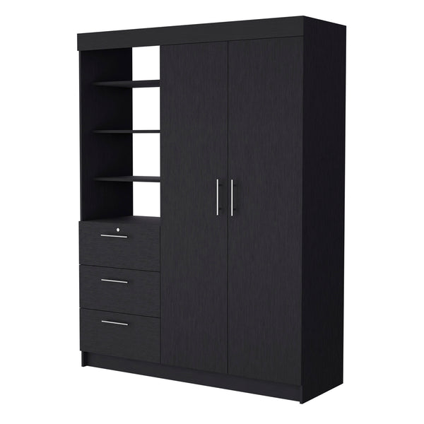 English Elm Tempe Black 3-Drawer Armoire with 3-Tier Display Shelves, 2-Door Closet Space & Metal Handles B128S00119