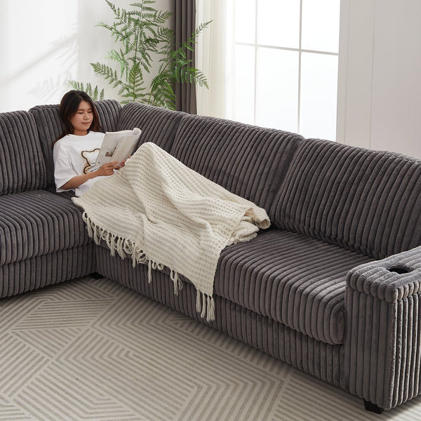 English Elm 110-Inch Oversized Corduroy Corner Sofa with Storage, USB & Cup Holders, Deep Plush Seating Comfort DARK GREY W834S00285
