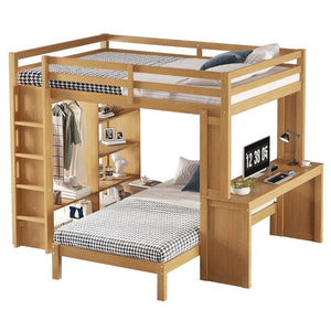 English Elm Queen Over Twin Bunk Bed With Built-In Desk, Storage, And Dismountable Lower Bed - Natural Wood W1580S00216-GIGA