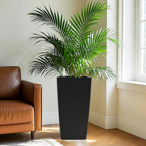 English Elm Pack of 2 Tall Square Faux Rattan Outdoor Planters with Auto Watering Patio Porch Set Black W3213P311468