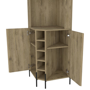 English Elm Hans Corner Bar Cabinet Macadamia Oak Finish with 5 Bottle Wine Rack, 9pc Stemware, 2 Shelves, Storage B070S00181