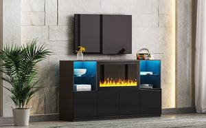 English Elm On-Trend High Gloss Tv Stand With 34.2" Electric Fireplace & Led Lighting, Fits Tvs Up To 75" Black N721S000042B