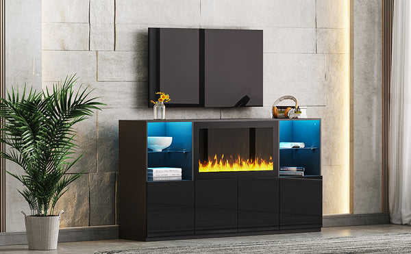 English Elm On-Trend High Gloss Tv Stand With 34.2" Electric Fireplace & Led Lighting, Fits Tvs Up To 75" Black N721S000042B