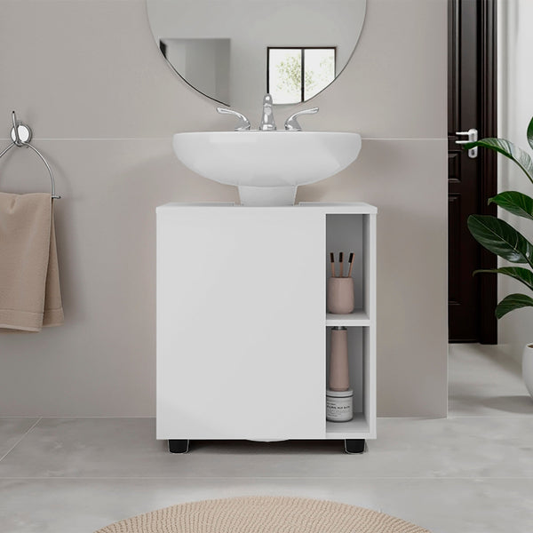 English Elm White Pedestal Sink Cabinet with Hidden Compartment and Five Open Shelves — Space-Saving Modern Bath Storage Organizer, 24.4"W x 21.7"H x 16.3"D B062P380061