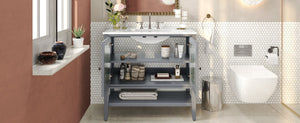 English Elm Christopher Knight Home® - 36" Bathroom Vanity with Ceramic Sink, Solid Wood Legs, Waterproof Finish, Soft-Close Hinges, Open Shelf, Silver Knobs Gray N817P286249G