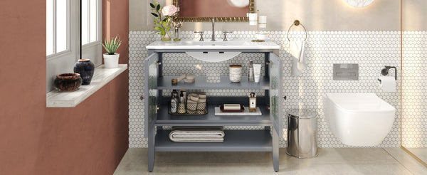 English Elm Christopher Knight Home® - 36" Bathroom Vanity with Ceramic Sink, Solid Wood Legs, Waterproof Finish, Soft-Close Hinges, Open Shelf, Silver Knobs Gray N817P286249G