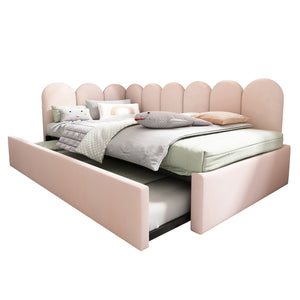 English Elm Upholstered Twin Daybed with Pull-Out Trundle, Velvet Upholstery, Metal Slatted Frame, 300lb Capacity Pink AA20362122P