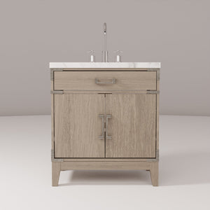 English Elm Grey Oak Single Bath Vanity With Carrara Marble Top, Complete Faucet Set & Soft-Close Storage B2731P259771