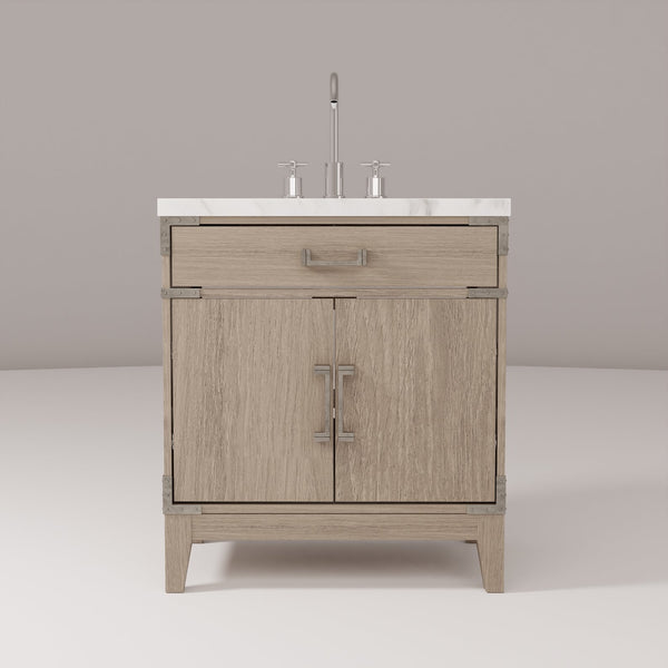 English Elm Grey Oak Single Bath Vanity With Carrara Marble Top, Complete Faucet Set & Soft-Close Storage B2731P259771