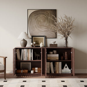 English Elm Living Mid Century Modern TV Stand Curio Buffet Cabinet with Handcrafted Carved Accents and Storage Oak W2263P207524