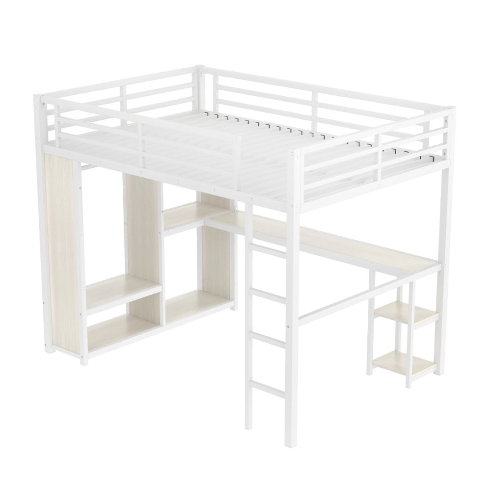English Elm Queen Size Loft Bed Frame With Desk, Wardrobe & Storage Shelves – Stylish Space-Saving Solution! W1580S00179-GIGA