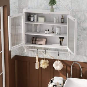 English Elm 24.8"Glass Rustic White Washed Double Door Wall Cabinet with 3 Shelves, Towel Rack, Solid Wood Storage W757P218128