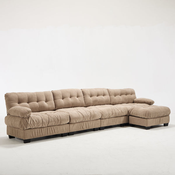English Elm Modular Cloud Sofa Deep Seat Flannelette Sectional with Round Armrests for Living Room Light Brown W2120S00046