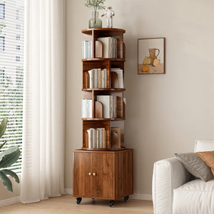 English Elm Rotating 360° Corner Bookshelf - 5-Tier Compact Storage Rack With Drawer For Small Spaces, Walnut W2641P329220-GIGA