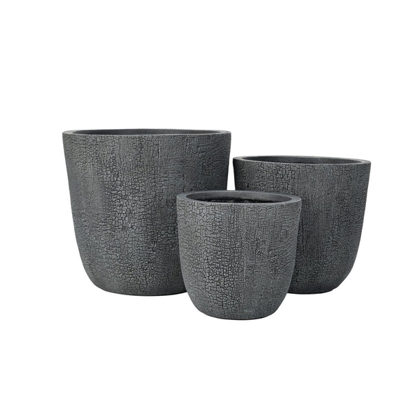 English Elm U_style Mgo Round Planters Set of Three Crackle Stone Texture Patio Garden Pots Gray N711P406660E