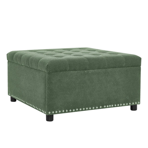 English Elm Storage Ottoman Tufted Nailhead Trim Lift Top Footstool for Living Room or Bedroom Green W5568P447090