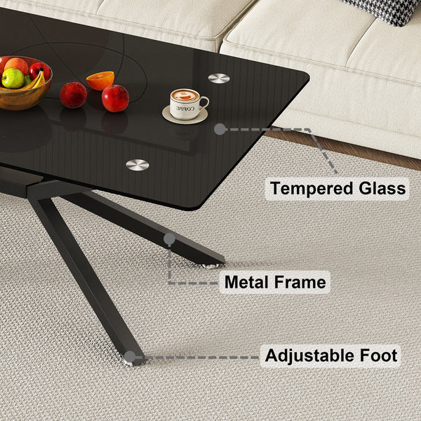 English Elm 39.37" Rectangle Black Glass Coffee Table – Modern Design With Durable Metal Legs For Any Space W241P227961