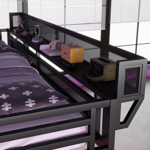 English Elm Queen Metal Loft Bed with Desk Charging Station Rgb Lighting and Storage Stairs W2580S00091