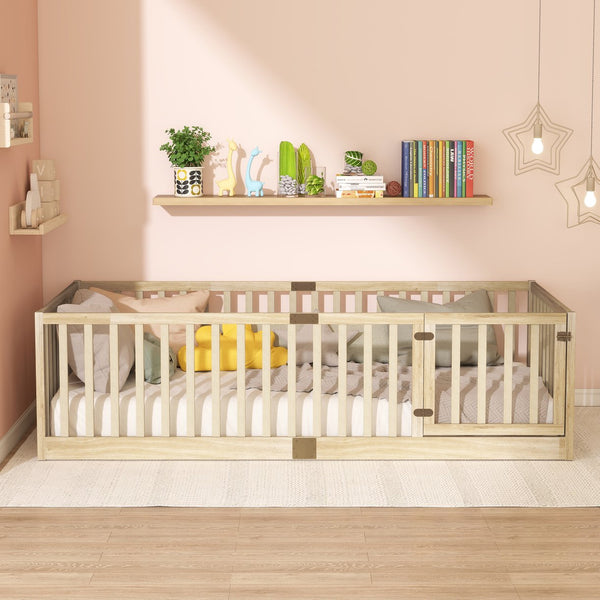 English Elm Twin House Frame Floor Bed Rubberwood with Roof Canopy and Safety Rails for Kids Natural W504P429539