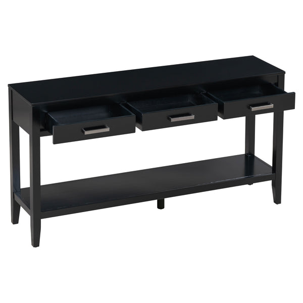English Elm U_style Farmhouse Console Table with Three Drawers Open Shelf Entryway Organizer Black N711P410445B