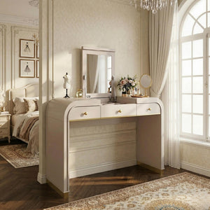 English Elm Classic Flip Top Vanity Desk with Gold Accents 2 Drawer Retro Bedroom Dressing Table Champagne N704P381406C