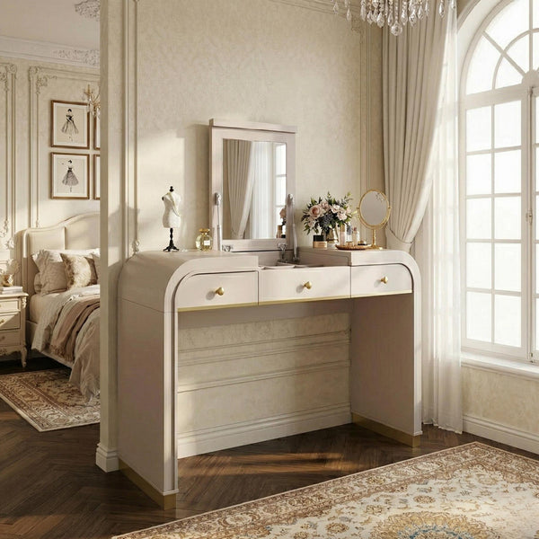 English Elm Classic Flip Top Vanity Desk with Gold Accents 2 Drawer Retro Bedroom Dressing Table Champagne N704P381406C
