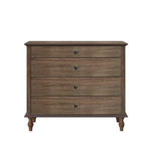 English Elm Large Antique Style 4-drawer Chest with Crown Molding Roman Legs Bedroom Storage Deep Rustic Brown W1445P422422