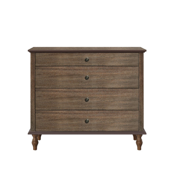English Elm Large Antique Style 4-drawer Chest with Crown Molding Roman Legs Bedroom Storage Deep Rustic Brown W1445P422422