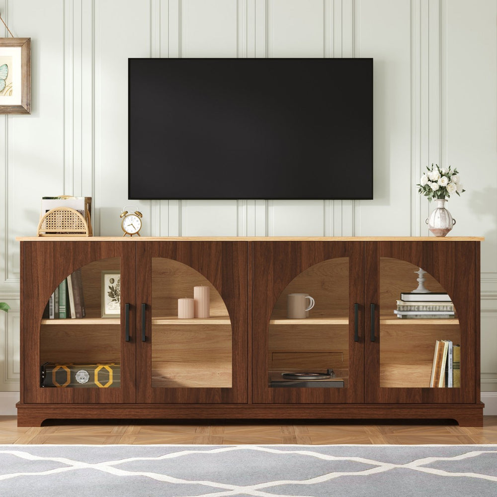 English Elm Farmhouse Media Console with Arched Glass Doors Wood Grain Two Tone Living Room Storage Walnut N721P411204P