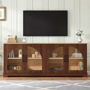 English Elm Farmhouse Media Console with Arched Glass Doors Wood Grain Two Tone Living Room Storage Walnut N721P411204P