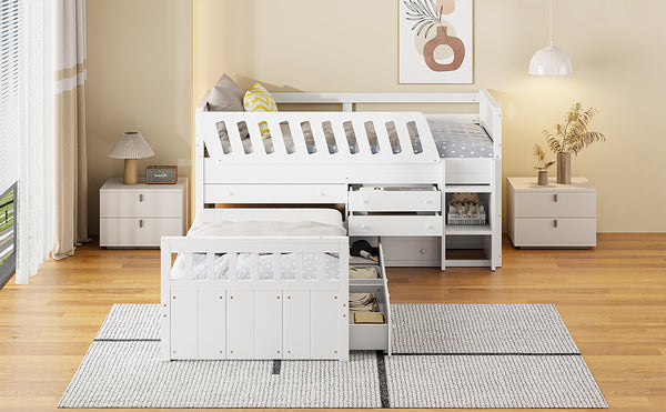 English Elm L-shaped Twin Loft Platform Bed with 7 Drawers Full Guardrails Kids White Pine LT000853AAK