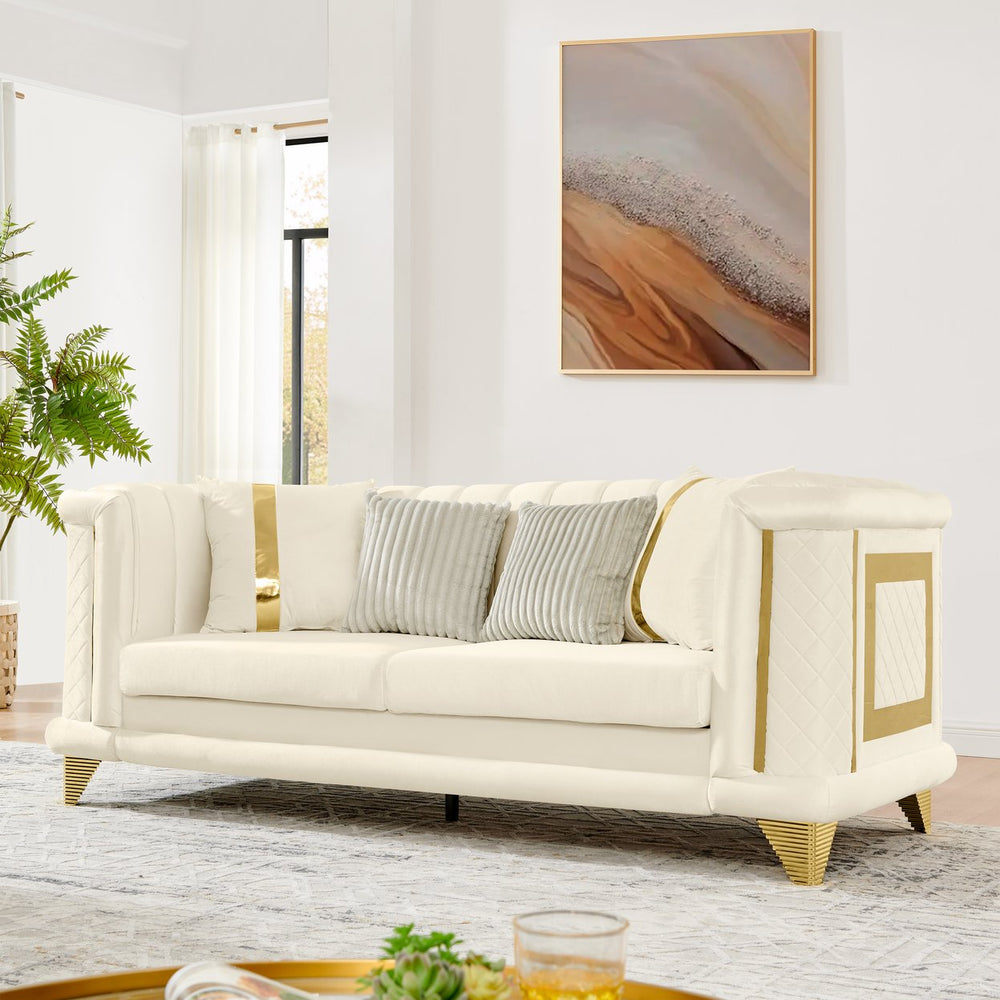 English Elm 89 Inch Tufted Velvet Sofa with Gold Steel Trim Embroidered Victorian Glam Seating W1191S00109