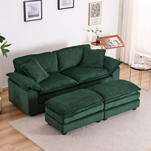 English Elm Corduroy Plush 2-Seat Sofa with 2 Back Cushions, Toss Pillows & Ottomans — Deep Seat Comfort Green W2363S00065