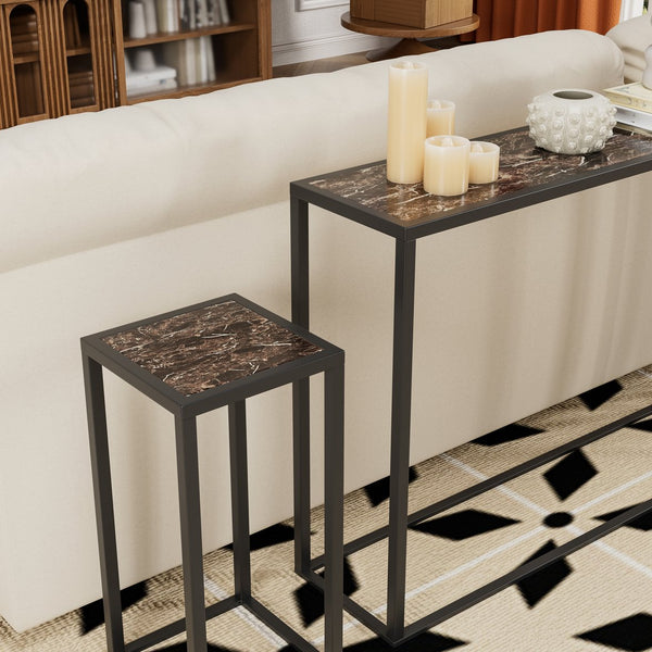 English Elm 3-piece narrow console set with PU leather edges, industrial farmhouse entry table trio, space-saving black brown blend W578P357516