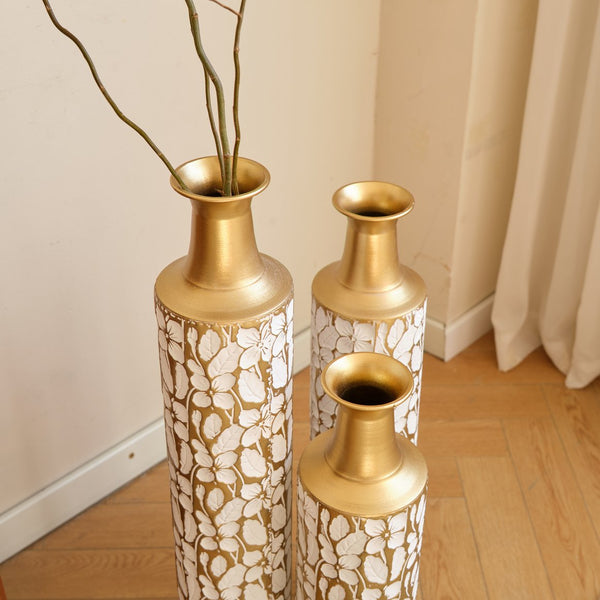 English Elm Floor Antique White Gold Metal Vases Set of 3 (32/28/24") — Tall Decorative Centerpieces for Entryway W2796P193594