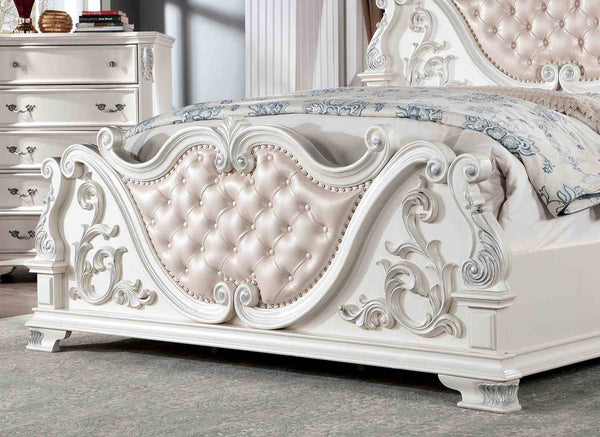 English Elm Pearl White Queen Bed Baroque Carved Tufted Headboard Formal Master Bedroom Statement B2741S00808